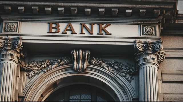 Fixed income investment concept featuring classic bank building architecture, ornate stone columns, secure finance options, and traditional design