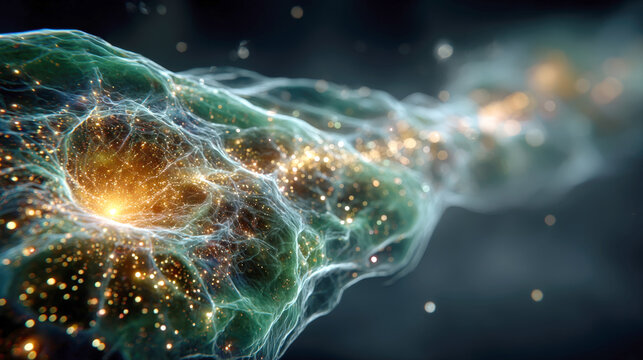 Stunning abstract render of wave of energy, resembling cosmic nebula, neuron, or quantum stream. Features glowing gold particles and teal filaments on dark background. Ideal for science and technology