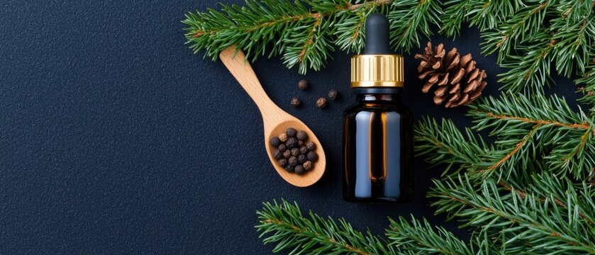 Juniper essential oil in a glass bottle with pine branches and black pepper on a dark background creates a natural and fragrant setting