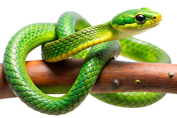 Naklejka premium Vibrant green snake coiled, on a brown wooden twig with detailed scales, cutout, PNG, isolated on white or transparent background, AI