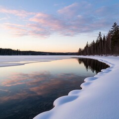Calm winter lake at sunset with snow-covered shore and reflection of colorful sky and trees in the water
