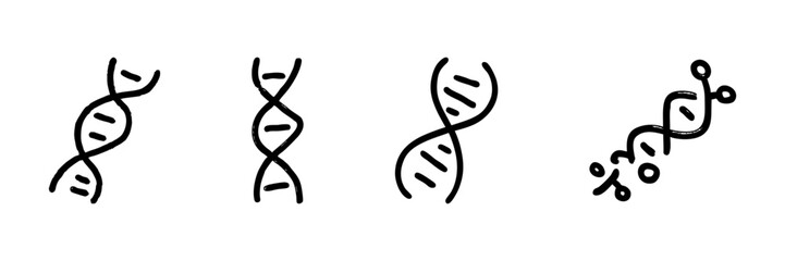 Fototapeta premium Dna And Molecular Structure Line Icon Set In Doodle Style. Genetic Code, Biotechnology, And Molecular Biology Outline Sketch Collection. Hand Drawn Isolated Vector Illustration