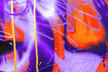 Funky graffiti art in vibrant orange,purple with bold lines,abstract shapes. 90s urban aesthetic,street style. Posters, digital art, creative backgrounds, modern 2000s, Y2K visuals.
