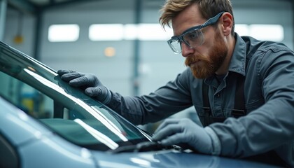 Male auto mechanic wears safety glasses, gloves replacing car windshield. Works carefully in bright auto repair workshop, ensuring precise installation, pro service for automotive glass.