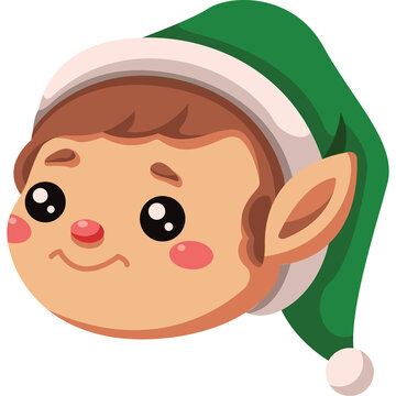 Cute Elf Face With Big Eyes And Green Hat Featuring Pink Cheeks And Small Smile On Transparent Background
