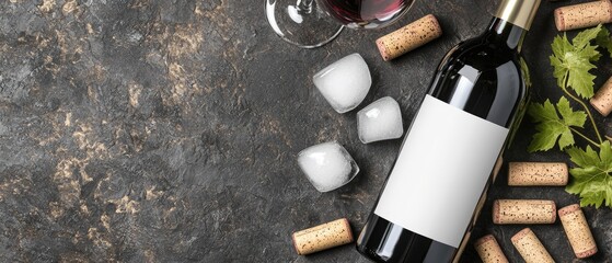 Vibrant red wine bottle and glass on rustic dark surface with corks and vine leaves, perfect for winery and tasting themes