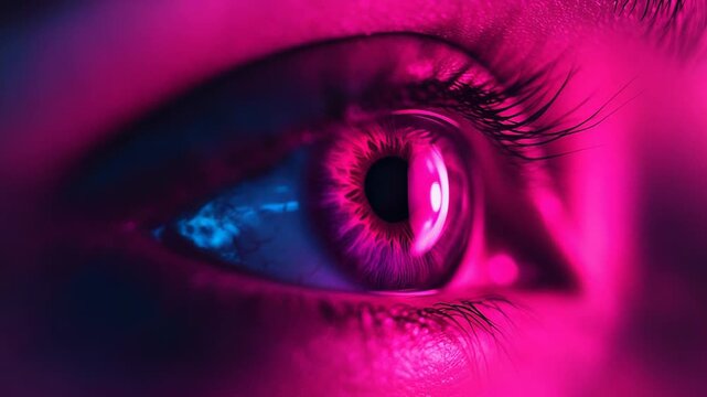 Human eye illuminated with vibrant neon cyberpunk light