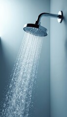 Shower head illustration with flowing water on blue wall. Water pours from shower. Image about cleanliness, hygiene and refreshment. Modern bathroom with running water for daily washing routine.