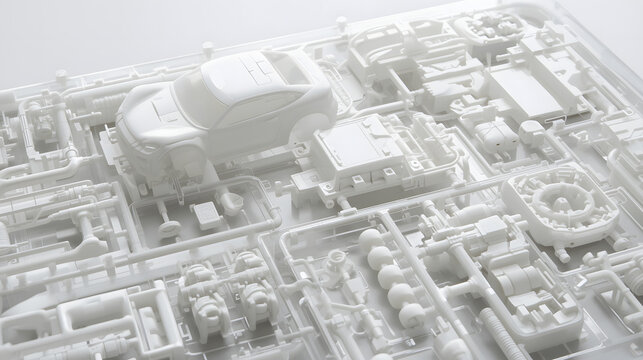 A close-up view of a white plastic model car kit, unassembled.