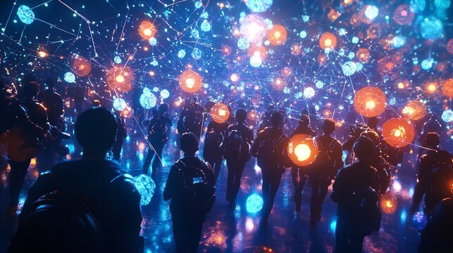 A group of people walking through a digital network with glowing lights