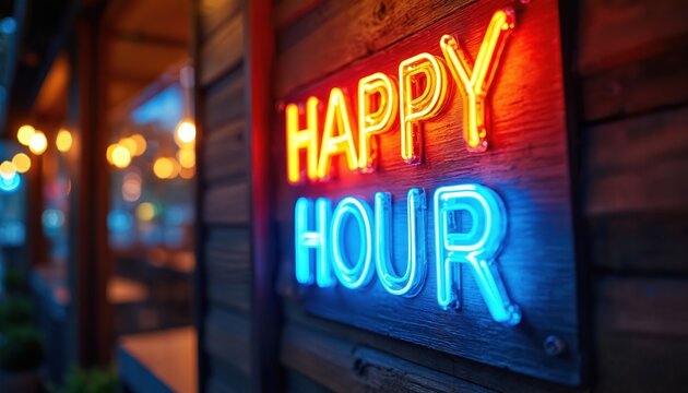 Bright neon sign displays HAPPY HOUR in vibrant red, blue letters against wooden wall. Illuminated text glows invitingly, suggesting lively bar restaurant atmosphere, beckoning friends for evening