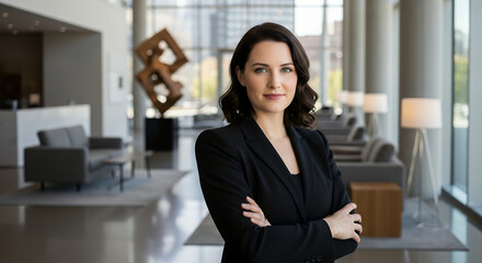 Confident professional woman wearing a fitted black blazer with arms crossed, photographed in a modern corporate lobby under soft directional lighting, captured with a crisp high-end business portrait