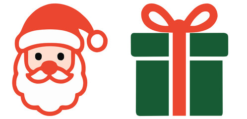 Jolly Santa Claus Head and Classic Gift Box Vector Icons for Christmas Holiday Celebrations and Festive Designs