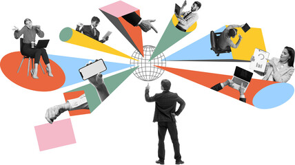 Contemporary collage. Manager pointing at digital globe with remote workers performing tasks. Concept of remote team management, digital collaboration, hybrid project workflow. Transparent background