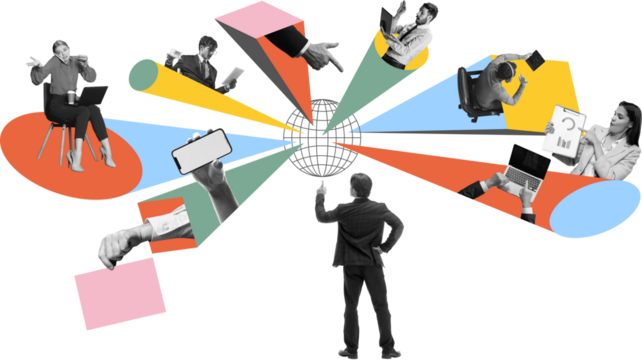 Contemporary collage. Manager pointing at digital globe with remote workers performing tasks. Concept of remote team management, digital collaboration, hybrid project workflow. Transparent background - Powered by Adobe