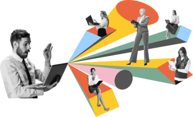 Creative digital collage of surprised man waving to colleagues on colorful channels in hybrid workspace. Concept of remote interaction, digital teamwork, soft-skills training. Transparent background