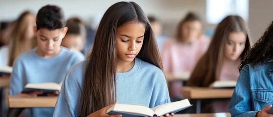 African American girl reading a book at a classroom table surrounded by students engaged in learning during a quiet moment