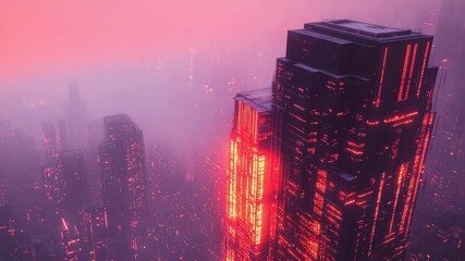 Futuristic neon cityscape with glowing red buildings in fog - Powered by Adobe