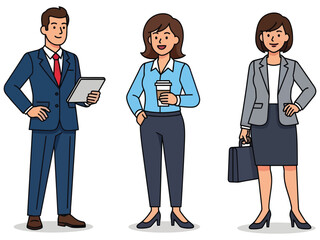 Cartoon Illustration of Three Business Professionals Standing Together in Formal Office Attire