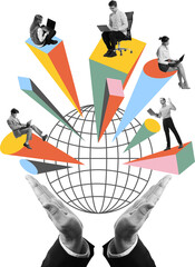 Creative artwork of remote professionals working on laptops above globe held by two hands. Concept...