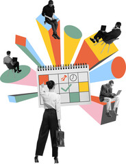 Digital composition of woman marking schedule surrounded by remote workers on laptops. Concept of time management, hybrid team planning, remote coordination, project workflow. Transparent background