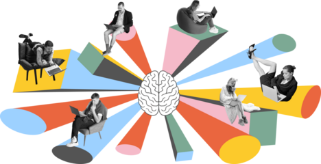 Digital collage of relaxed remote workers connected to central brain icon with colorful energy beams. Concept of distributed brainstorming, digital teamwork, emotional workflow. Transparent background