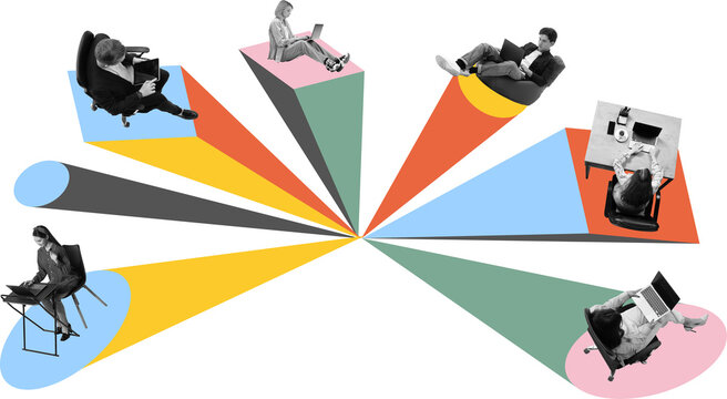 Bold poster of remote employees seated on colorful shapes radiating from bright digital center. Concept of distributed team workflow, hybrid presence, digital collaboration. Transparent background