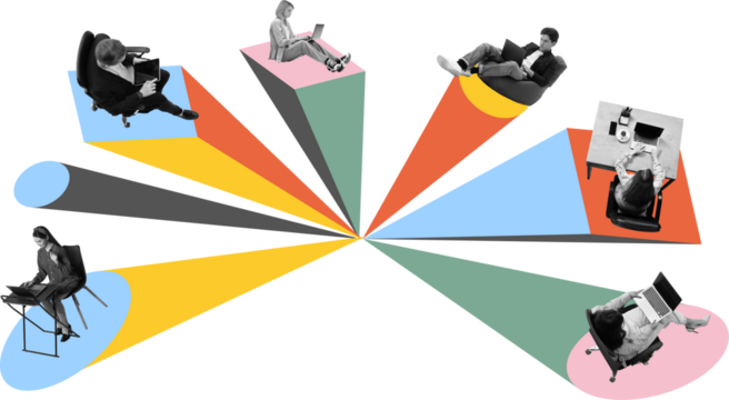 Bold poster of remote employees seated on colorful shapes radiating from bright digital center. Concept of distributed team workflow, hybrid presence, digital collaboration. Transparent background - Powered by Adobe