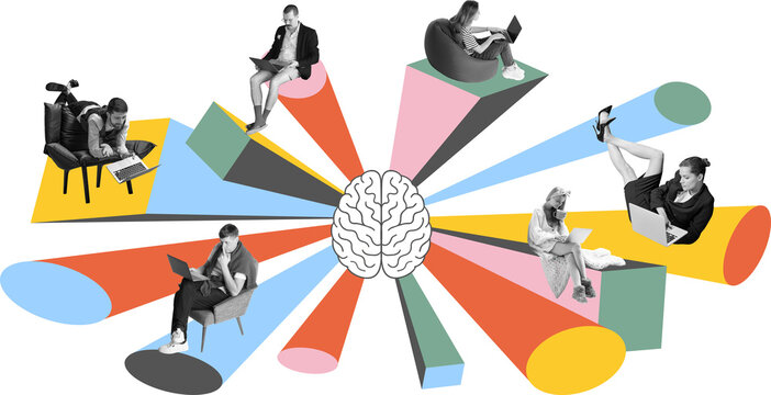 Digital collage of relaxed remote workers connected to central brain icon with colorful energy beams. Concept of distributed brainstorming, digital teamwork, emotional workflow. Transparent background