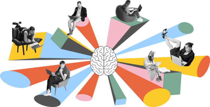 Digital collage of relaxed remote workers connected to central brain icon with colorful energy beams. Concept of distributed brainstorming, digital teamwork, emotional workflow. Transparent background