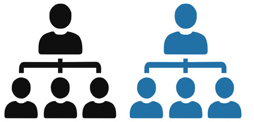 Organizational Hierarchy & Team Structure Icons. Leadership, Management & Subordinates Symbol. Black & Blue Vector Set.
