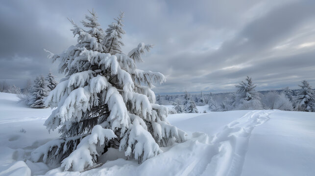 Snow-covered evergreen tree on a hillside with footprints in the snow, under an overcast sky.