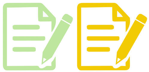 Clean Document and Pencil Icons: Green and Yellow Symbols for Writing, Editing, and Content Creation or Annotation