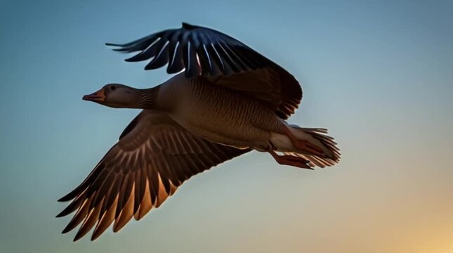 Wild Duck Flying in Sunset Sky with Warm Backlighting and Graceful Wing Movements