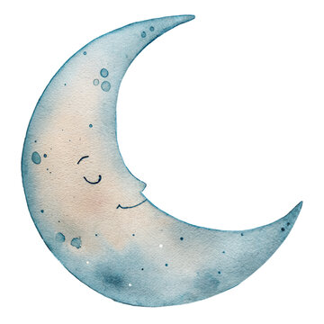 Cute watercolor moon illustration, sleeping crescent moon clipart