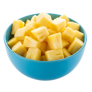 Freshly cut pineapple chunks in a vibrant blue bowl