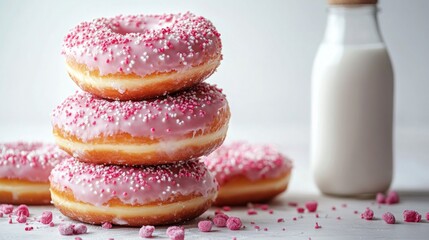 Three pink doughnuts with glaze splashes and sprinkles, next to a bottle of milk, embody a sweet temptation suitable for advertising confectionery products as a background.