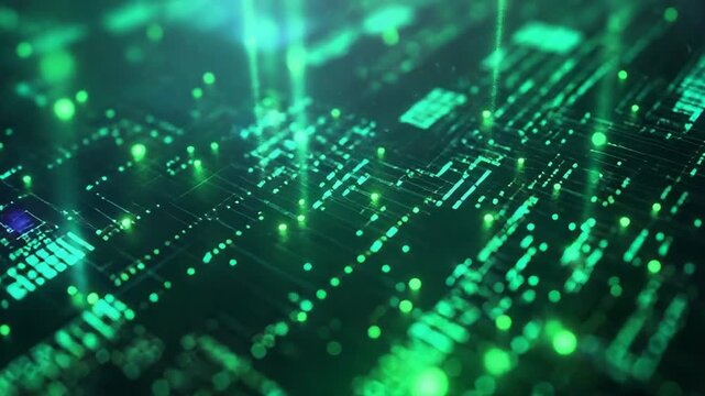 Digital circuit board with glowing green data flowing
