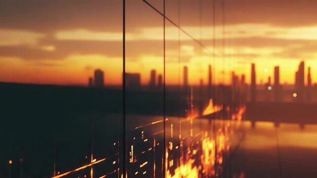 Financial data chart overlaying futuristic cityscape sunset - Powered by Adobe