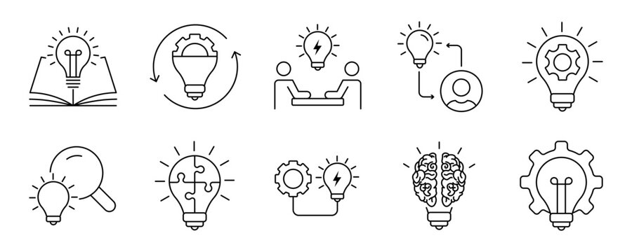 Minimalist Creativity line icons set with editable stroke, featuring originality, innovation, design, idea, innovation, vision, invest, visual thingking, drafting, geometri. thin linear illustration.