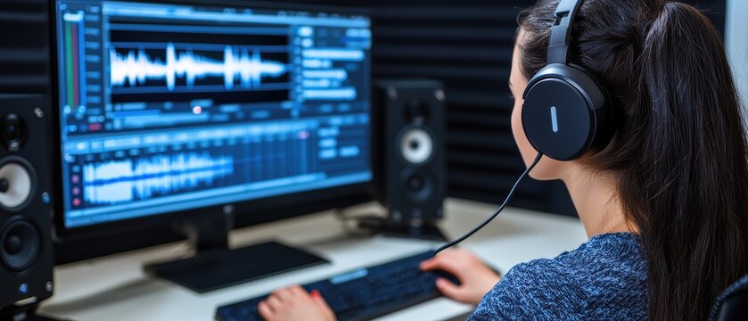 Computer screen displays sound wave of audio recording as girl with black hair listens intently while wearing headphones at her desk