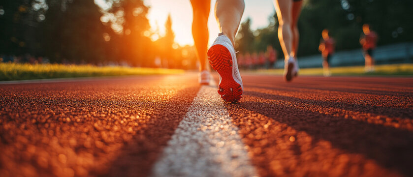 The legs of runners at sunset crossing the finish line convey dynamism and determination to achieve a goal, making them ideal as motivational background images for sports projects.