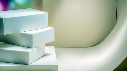 A clean, minimalist studio scene features stacked white rectangular boxes arranged on a white surface, with a smooth, curved white backdrop extending into the b