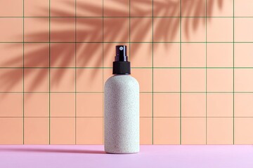 A speckled white spray bottle with a black cap stands against a peach-colored tiled wall, casting a shadow from a palm leaf.