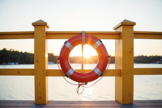 Emergency Rescue Equipment – Life Preserver on Wooden Pier at Sunset for Water Safety Awareness, Maritime Rescue Operations, and Coast Guard Day Celebrations