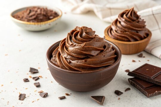 Delicious Chocolate Mousse Topped With Creamy Swirls Served in Bowls