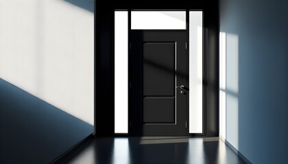 Realistic image of a black modern door with diffused daylight illuminating the floor
