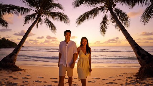 Young happy asian couple walking hand in hand on a sandy beach during a beautiful sunset, with silhouetted palm trees framing the romantic ocean view and golden sunlight reflecting on the sea