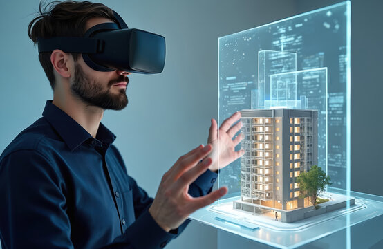 Man uses VR headset to interact with 3D building model. Immersive experience explores architectural design and features. Future tech in real estate planning.