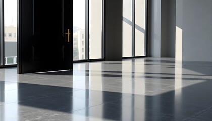 Fototapeta premium Realistic image of a black modern door with subtle reflections on polished gray floor 